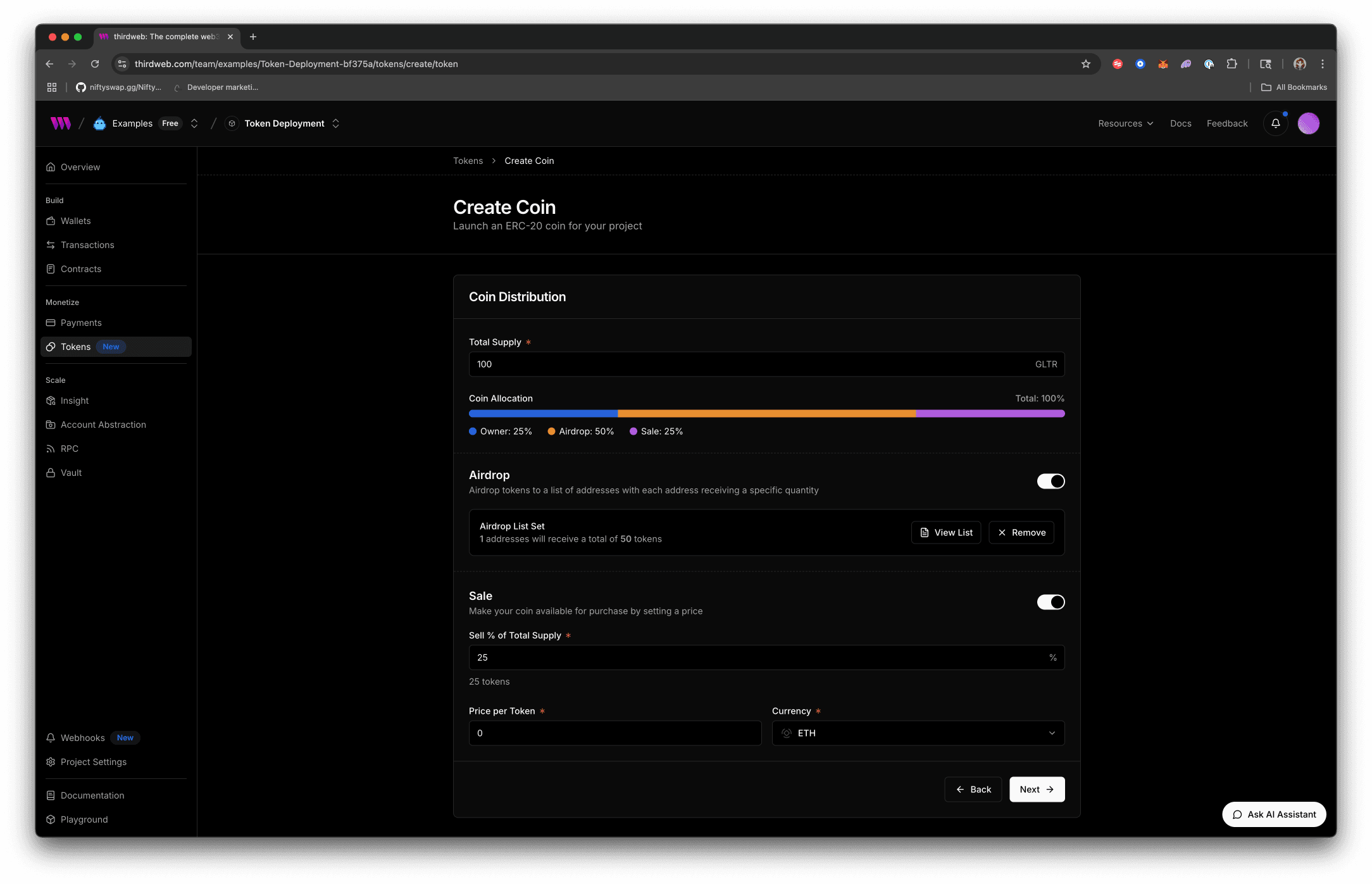 Distribute token screen on thirdweb dashboard